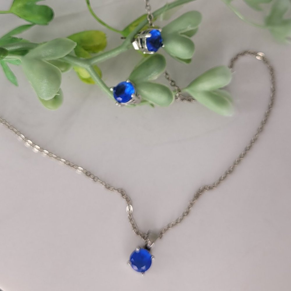 Silver Blue Stone Earring & Necklace Set